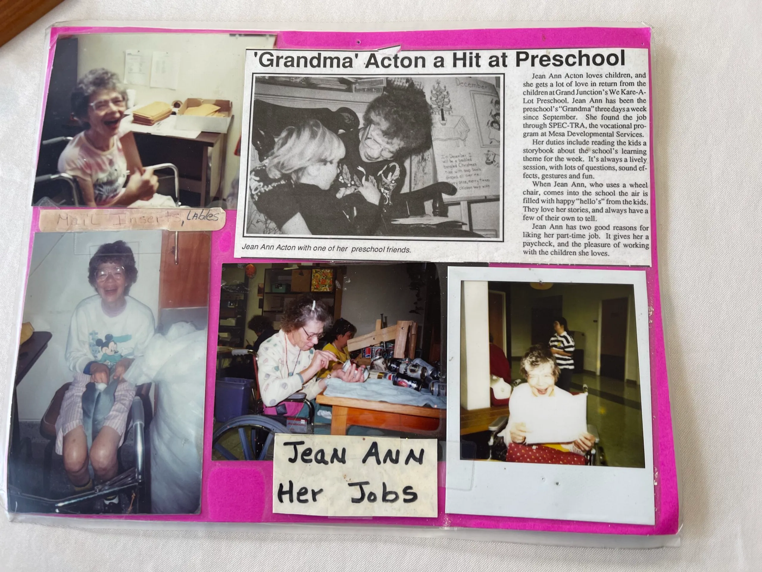 Collage of photos and newspaper clipping about Jean Ann Acton’s work with preschoolers, featuring images of her and children in various settings